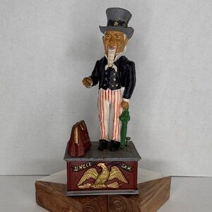 Vintage Reproduction Uncle Sam Mechanical Bank Cast Iron Drop Coin